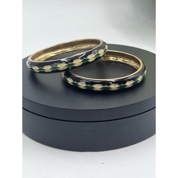 J. Crew VINTAGE 90s Enamel‎ Black White Green Statement Bangle Bracelet Set - Picture 5 of 7
